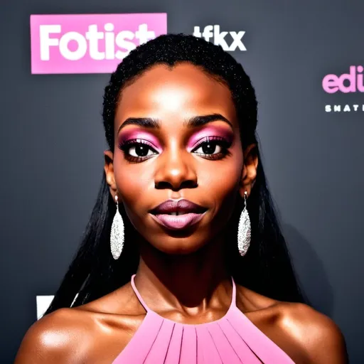 Prompt: beautiful black actress, long straight hair, pink dress, step and repeat banner