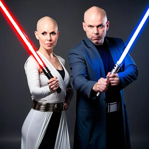 Prompt: bald man and woman wielding lightsabers