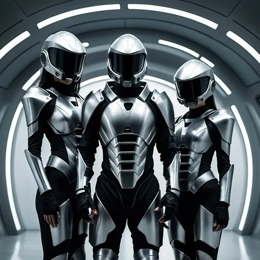 Prompt: three people in futuristic armor