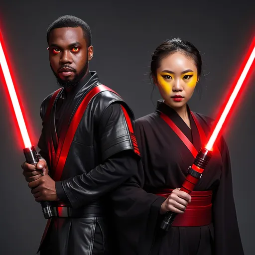 Prompt: black man and asian woman wielding red lightsabers, black outfits, yellow eyes