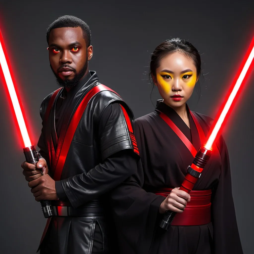 Prompt: black man and asian woman wielding red lightsabers, black outfits, yellow eyes