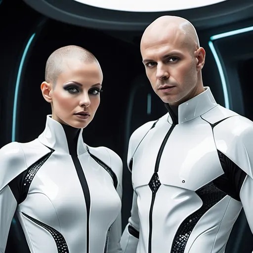 Prompt: bald man and woman in futuristic outfits