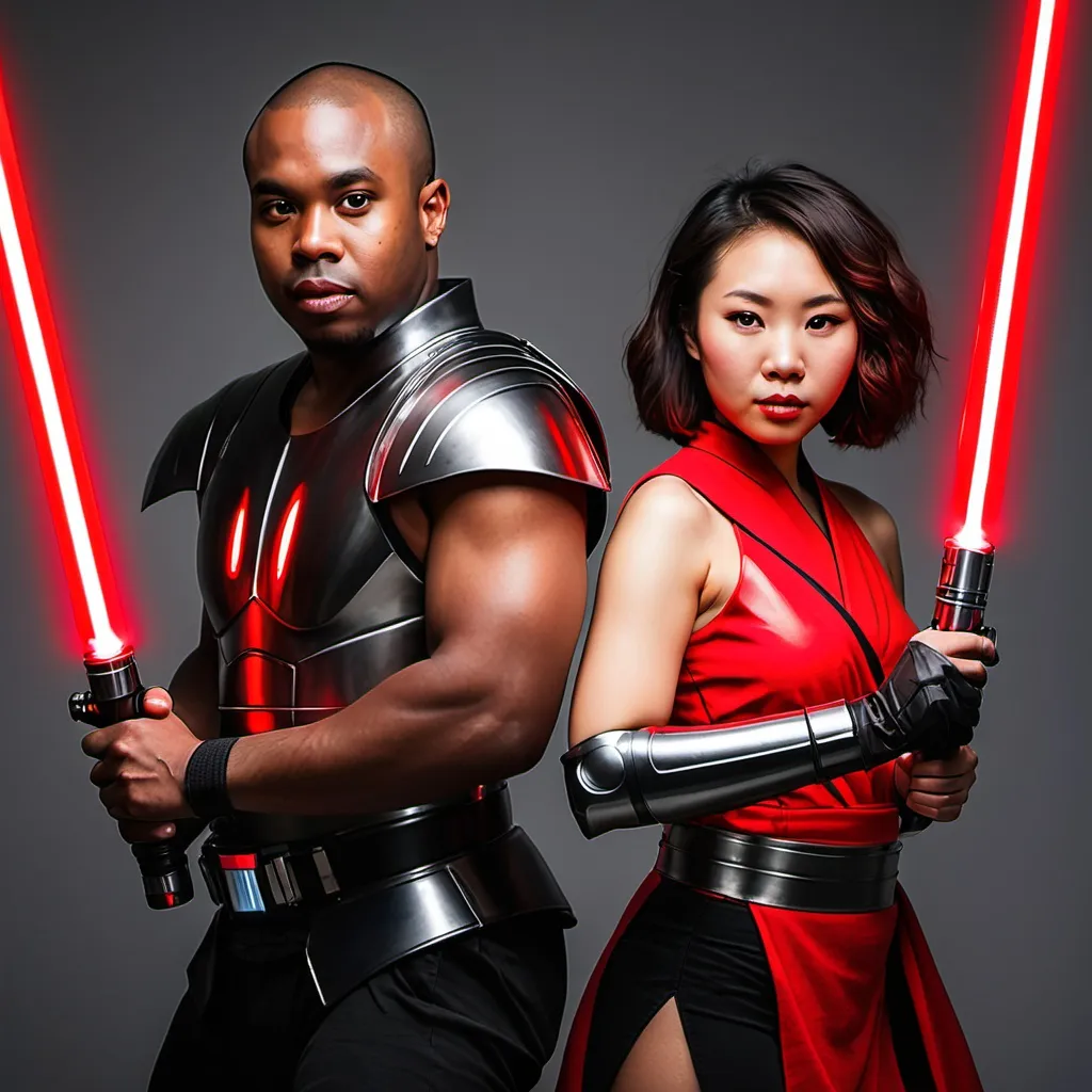 Prompt: black man and asian woman wielding red lightsabers, armor