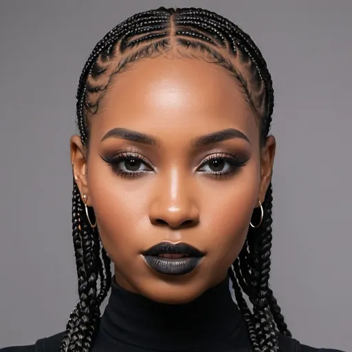 Prompt: beautiful black woman, tight braids. black makeup, black outfit