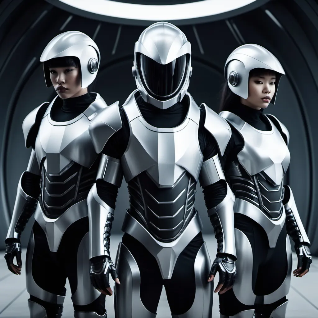 Prompt: three people in futuristic armor, 1080 by 1920,