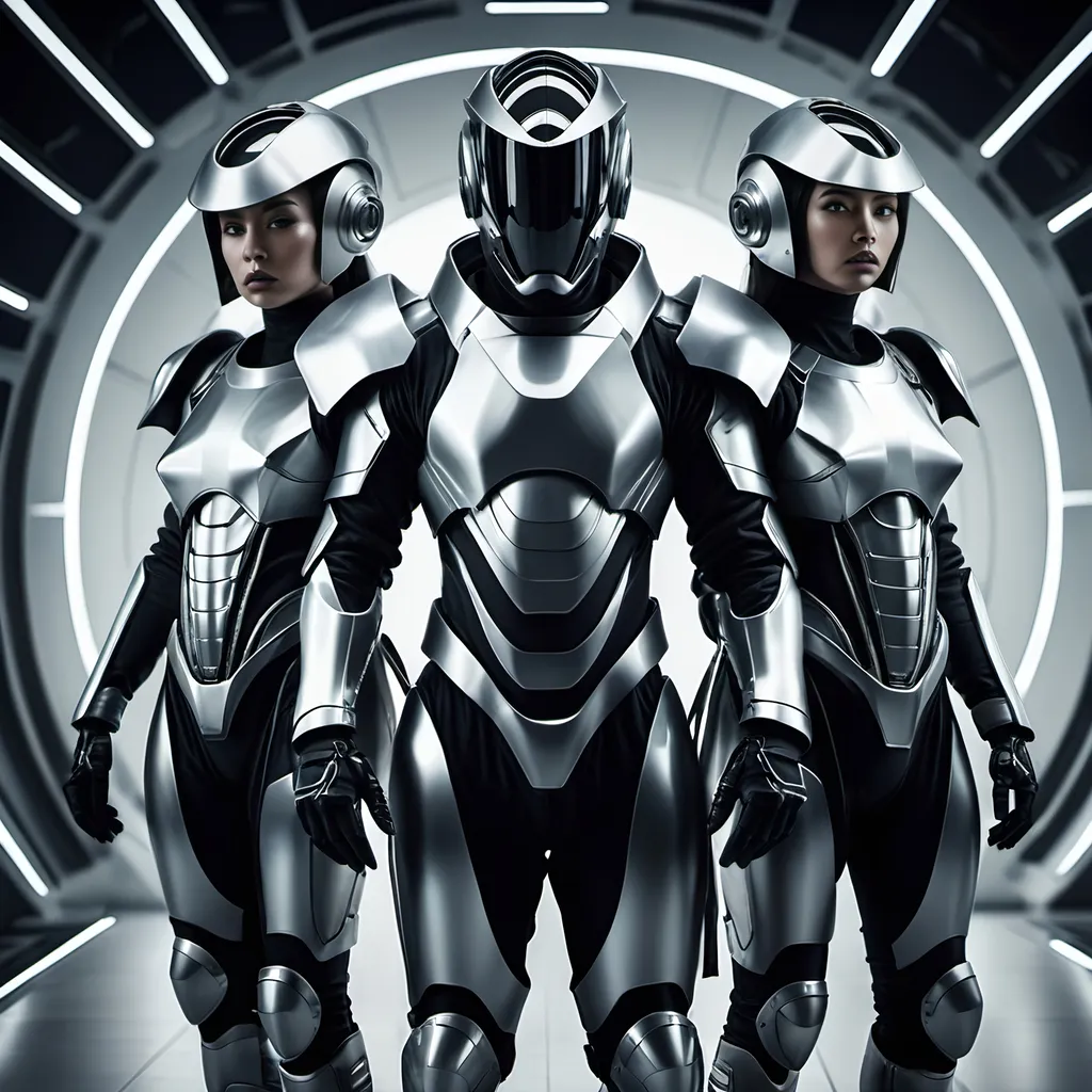 Prompt: three people in futuristic armor, 1080 by 1920,