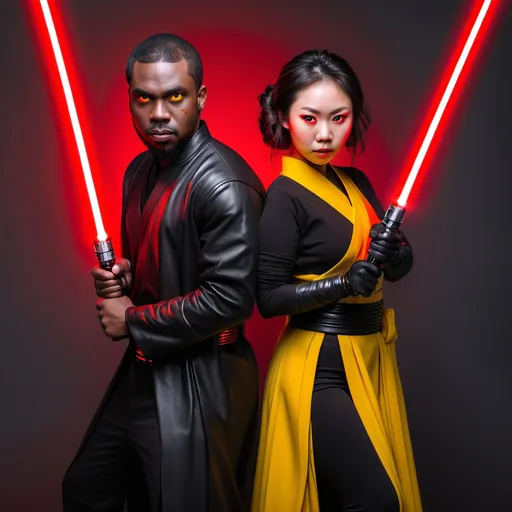 Prompt: black man and asian woman wielding red lightsabers, black outfits, yellow eyes