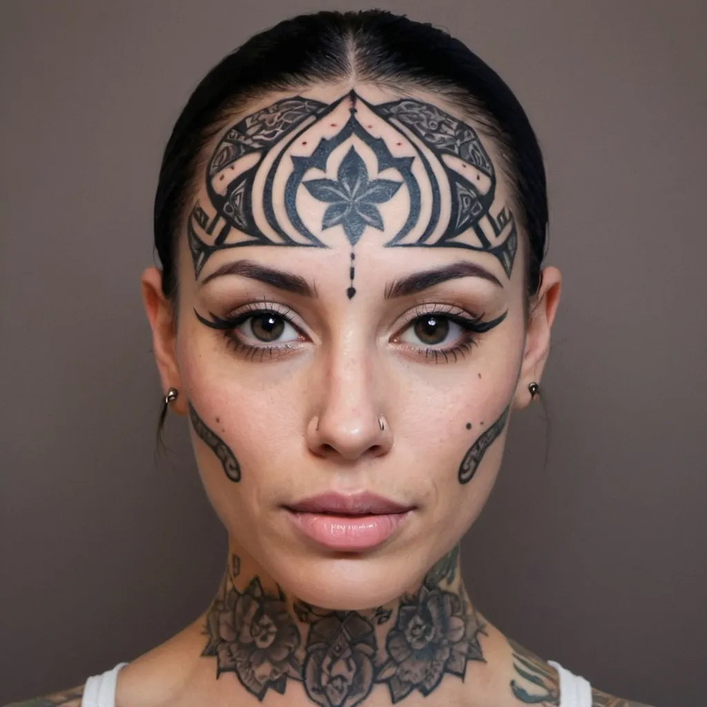 Prompt: beautiful woman with symmetrical facial tattoos