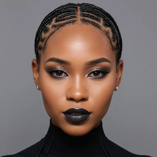 Prompt: beautiful black woman, tight braids. black makeup, black outfit