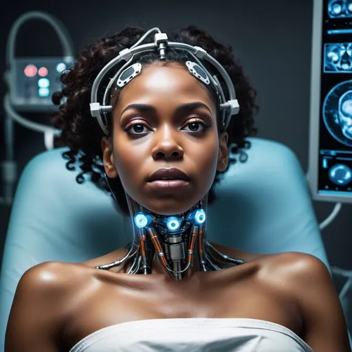 Prompt: beautiful black woman painfully being turned into a cyborg, lying on an operating table