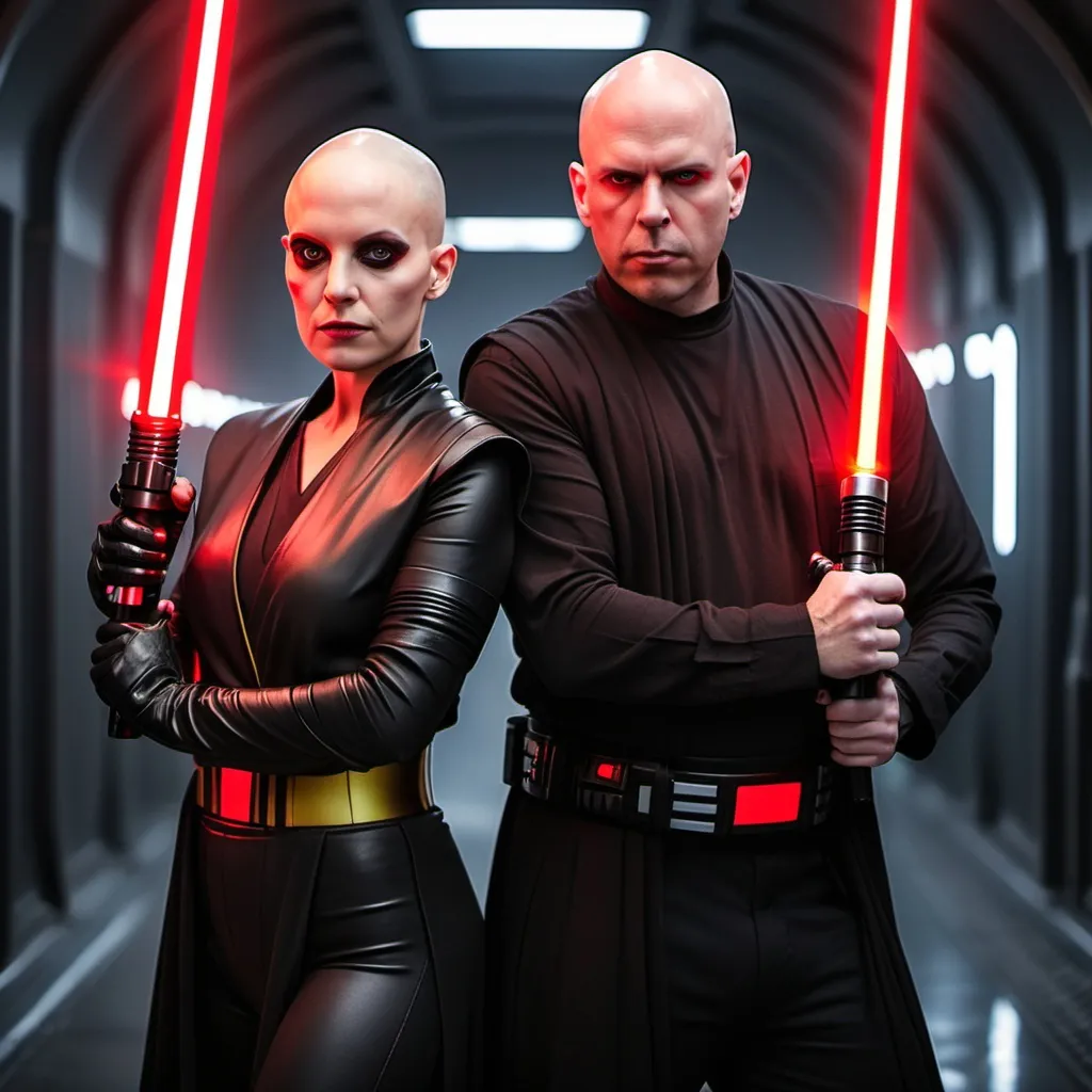 Prompt: bald man and woman wielding red lightsabers, black outfits, yellow eyes