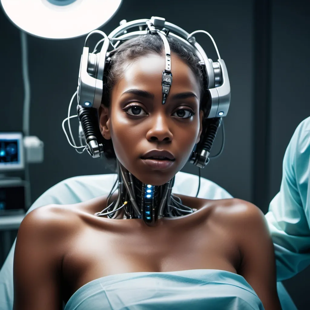 Prompt: beautiful black woman painfully being turned into a cyborg, lying on an operating table