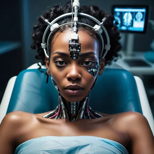 Prompt: beautiful black woman painfully being turned into a cyborg, lying on an operating table