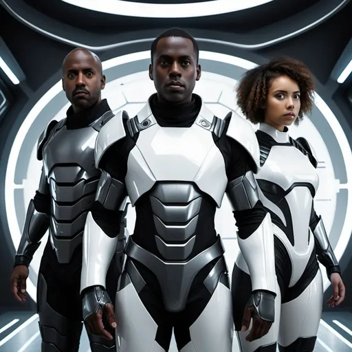 Prompt: three people in futuristic armor, 1080 by 1920, no helmets, one black man, one white man, one woman