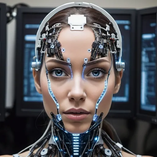 Prompt: beautiful woman enslaved by computers, inhuman, robotic