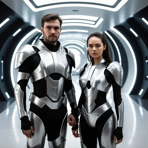 Prompt: two people in futuristic armor, no helmets, one man, one woman