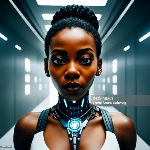 Prompt: beautiful black woman, cyborg, walking down a futuristic hallway