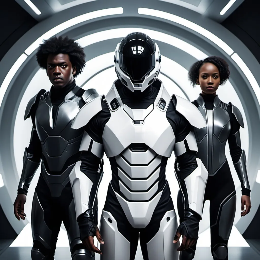 Prompt: three people in futuristic armor, 1080 by 1920, no helmets, one white man, one black man, one woman