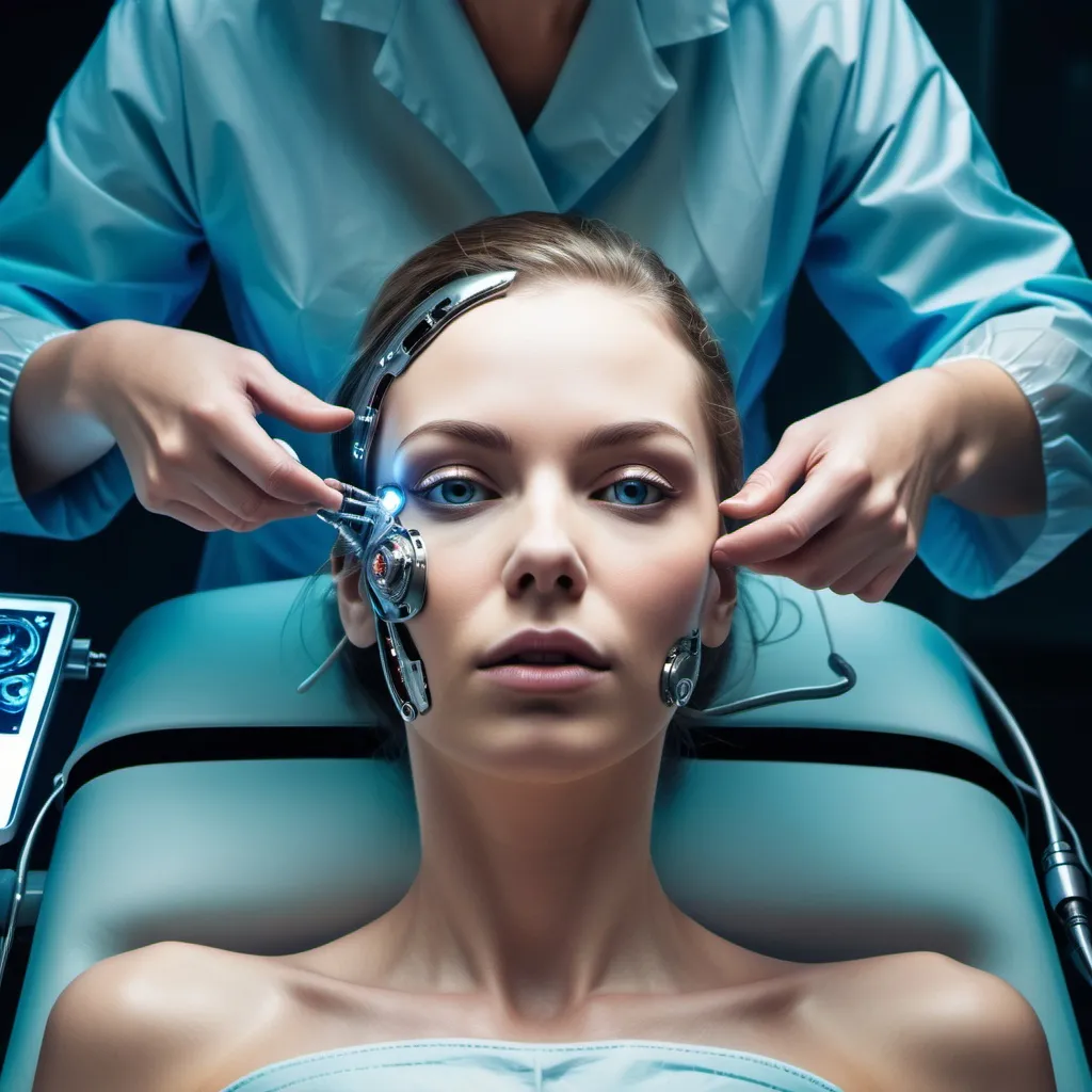 Prompt: beautiful woman being turned into a cyborg, lying on an operating table