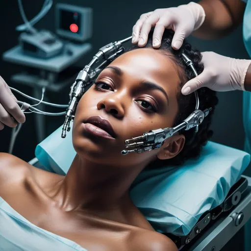 Prompt: beautiful black woman painfully being turned into a cyborg, lying on an operating table