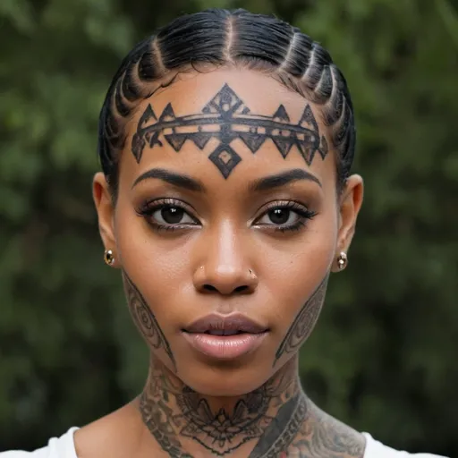 Prompt: beautiful black woman with symmetrical facial tattoos