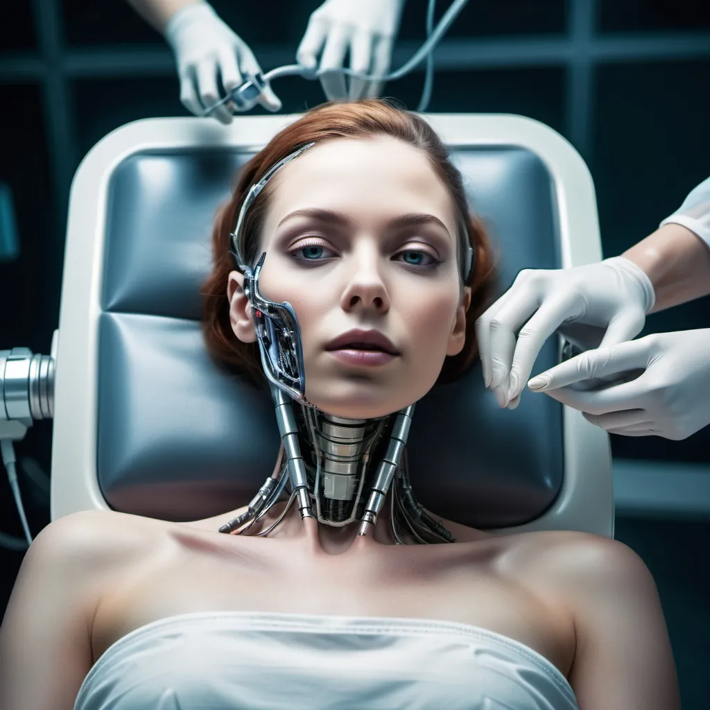 Prompt: beautiful woman being turned into a cyborg, lying on an operating table