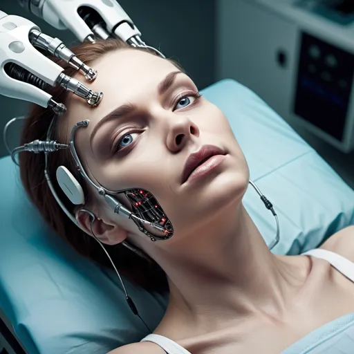 Prompt: beautiful woman painfully being turned into a cyborg, lying on an operating table