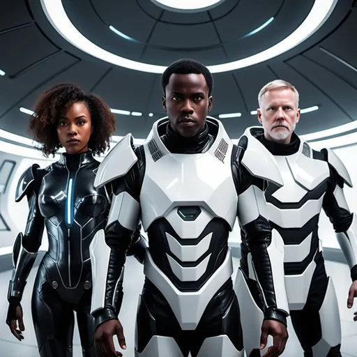 Prompt: three people in futuristic armor, 1080 by 1920, no helmets, one white man, one black man, one woman