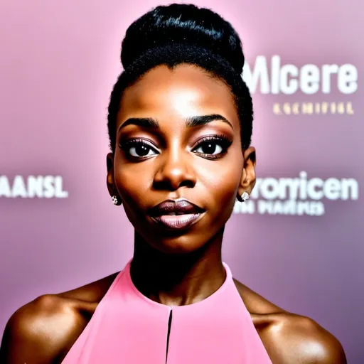 Prompt: beautiful black actress, long straight hair, pink dress, step and repeat banner