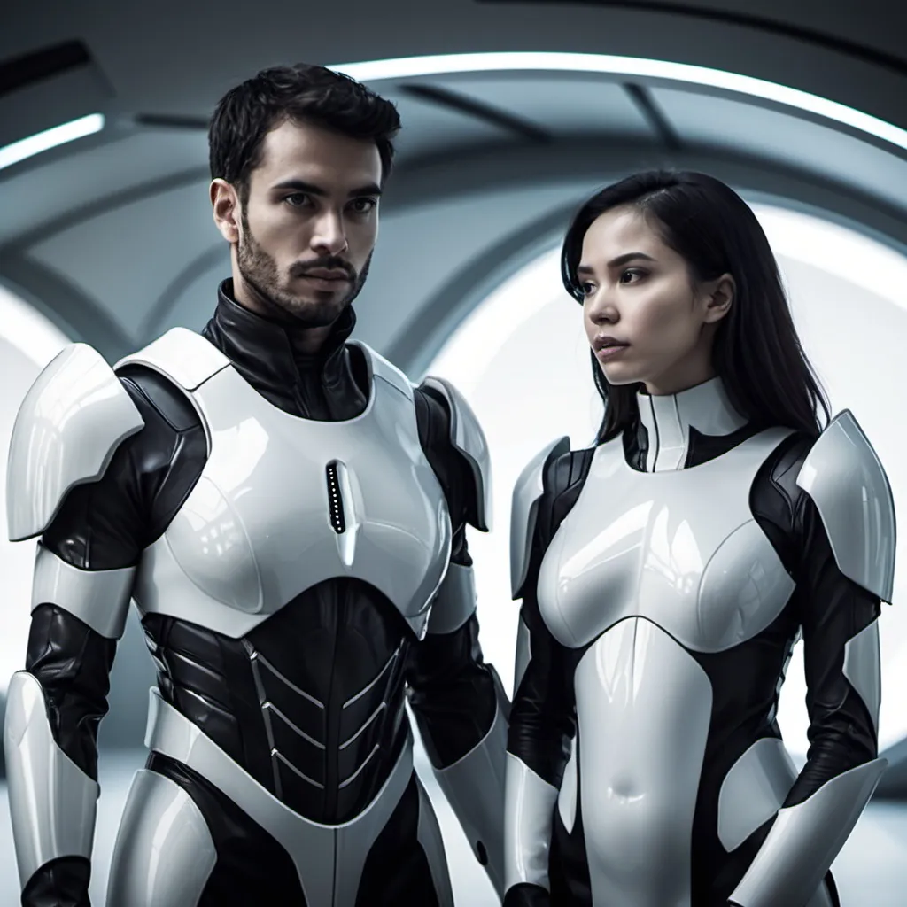 Prompt: two people in futuristic armor, no helmets, one man, one woman