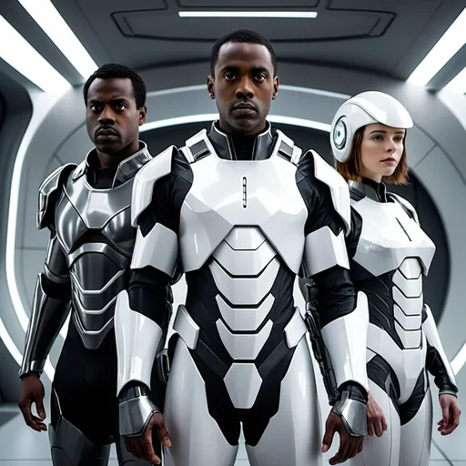 Prompt: three people in futuristic armor, 1080 by 1920, no helmets, one black man, one white man, one woman