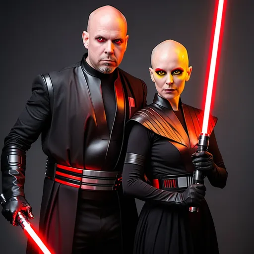 Prompt: bald man and woman wielding red lightsabers, black outfits, yellow eyes