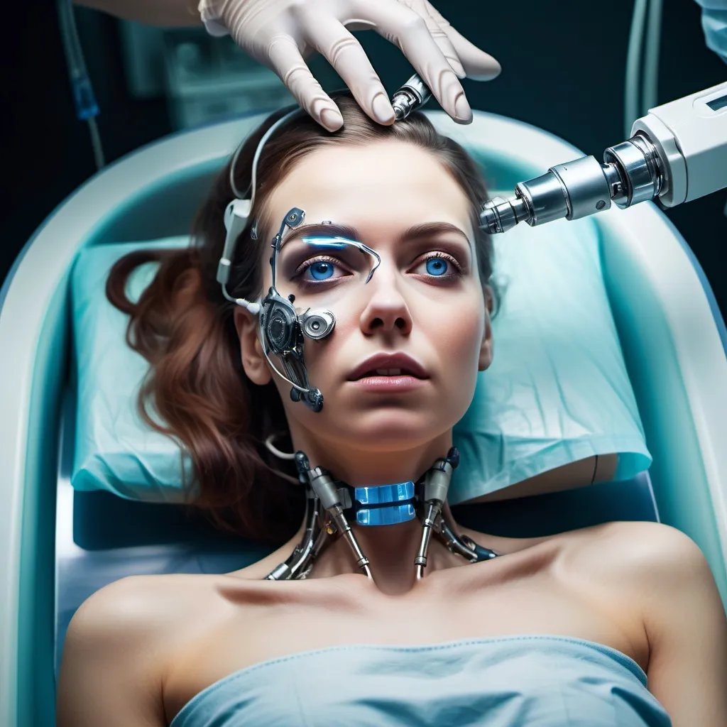 Prompt: beautiful woman painfully being turned into a cyborg, lying on an operating table