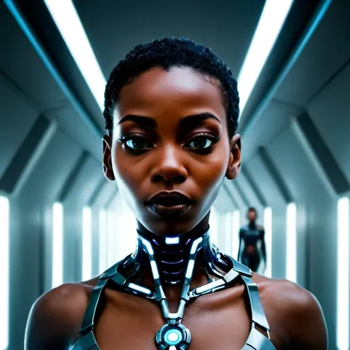 Prompt: beautiful black woman, cyborg, walking down a futuristic hallway