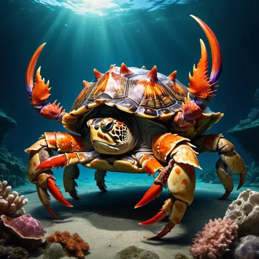 Prompt: Regal Turtle Crab, (towering above like a mountain), (majestic posture), intricate and detailed shells, showcasing humongous size with evident injuries on its massive turtle shell, (powerful turtle legs), (vibrant crab pincers), spiky shell, (stunning vivid colors), (dramatic underwater scene), standing above the water, (highly detailed), (cinematic lighting), (epic atmosphere). Magic The Gather art style