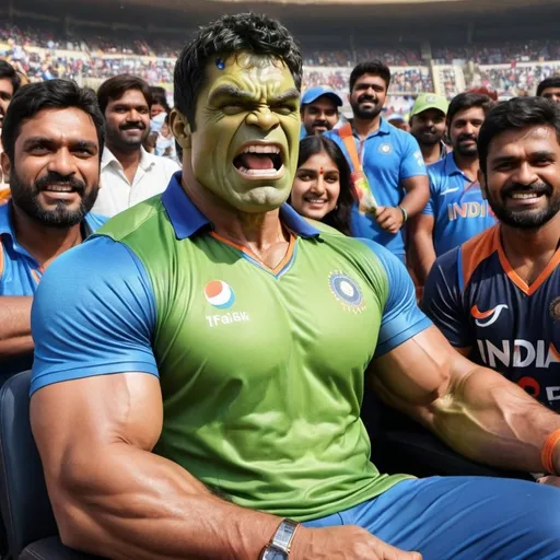 Prompt: Hulk is wearing an Indian team jersey while watching the T20 World Cup match and celebrates when India wins the cup.