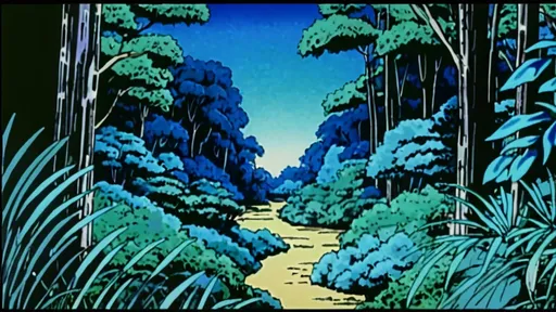 Prompt: 1999 anime screengrab landscape of a Japanese classic manga where a blue jungle foilage, mysterious nature, VHS quality, cel shaded, black outlines, grainy, puma