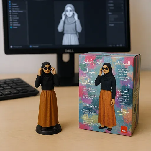Prompt: This photograph features a small figurine of a woman standing on a wooden desk, positioned next to a colorful, illustrated box of the same figurine. The figurine is dressed in a black hijab, black long-sleeve top, and a brown-orange long skirt, and she is wearing black sunglasses. Her right hand is raised to her face, as if she is adjusting her hijab. The figurine stands on a circular base and is placed slightly to the left of the desk.

To the right of the figurine, there is a brightly colored box with a vibrant, abstract pattern featuring various colors including pink, blue, yellow, and green. The box has text in multiple languages, including English and possibly Arabic, and a small red logo in the bottom right corner.

In the background, there is a black Dell monitor displaying a grayscale image of a woman in a hijab, similar to the figurine, with the same pose and attire. The monitor is turned on, showing a digital editing interface with text and tools visible on the screen. The desk also has a black keyboard partially visible on the left side. The overall setting is a simple, modern workspace with a clean, minimalistic design.
