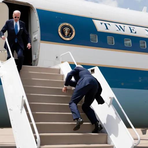 Prompt: Joe Biden falling down off the stairs to get into Airforce one with a TV News logo in the corner as if it were being aired on tv
