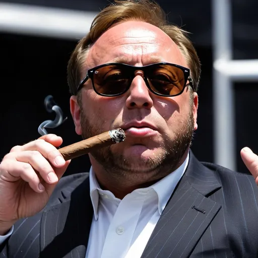 Prompt: Infowars alex jones smoking a cigar wearing sun glasses low resolution CCTV VHS
