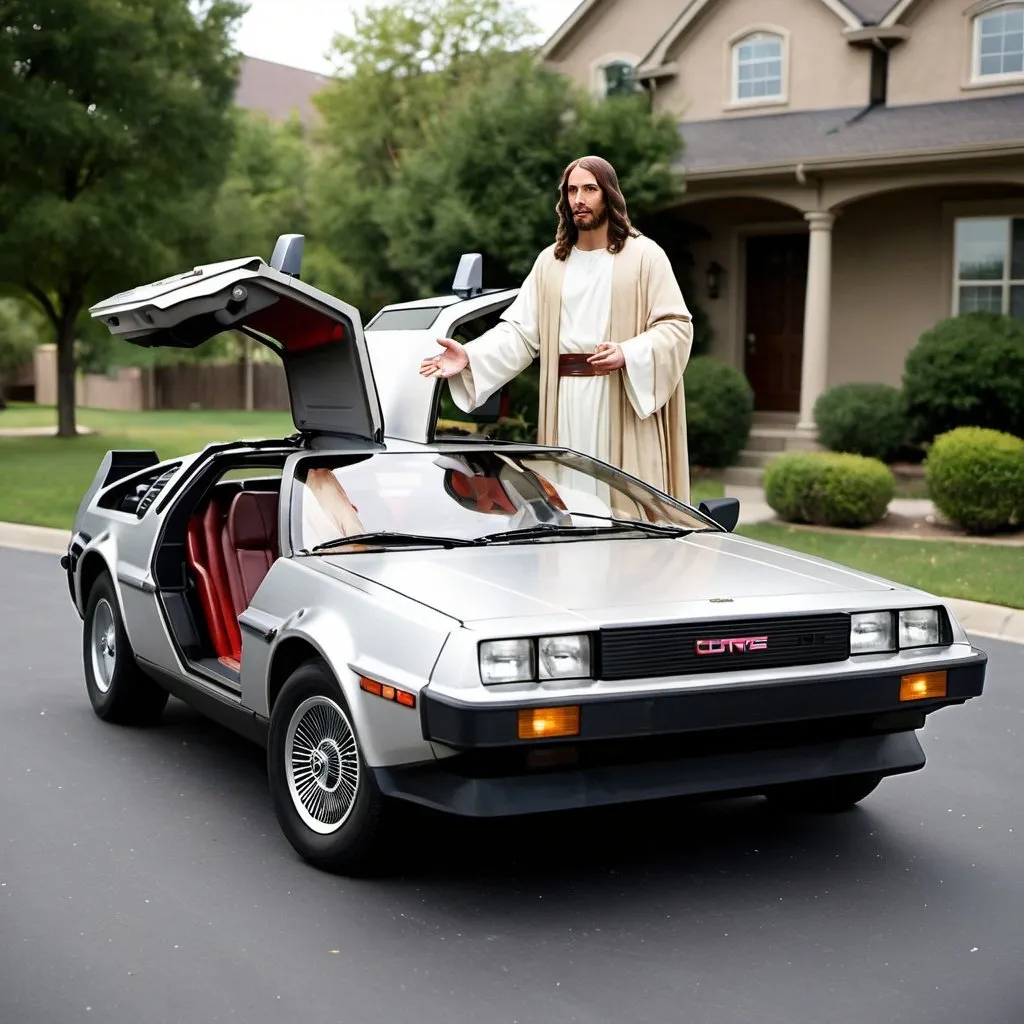 Prompt: Jesus Christ standing by a Delorean