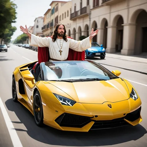 Prompt: Jesus Christ driving a lamborghini