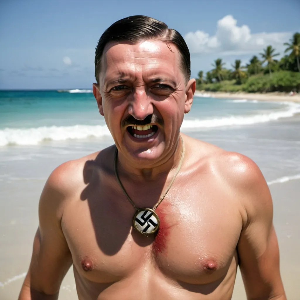 Prompt: Hitler happy in the beaches of Puerto Rico, in color