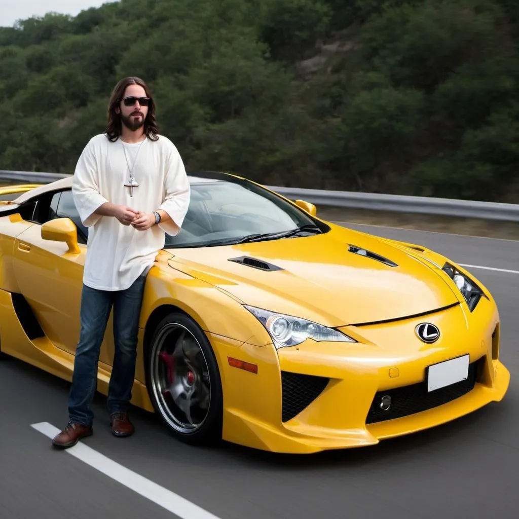 Prompt: Jesus Christ driving a Lexus LFA