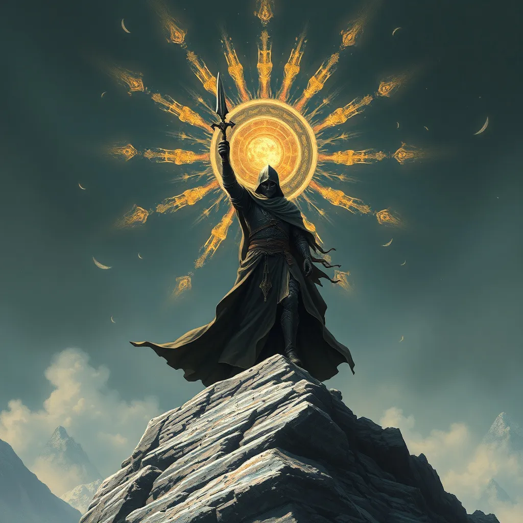 Prompt: a black templar  who radiating power is contanplanting the world from a high mountain