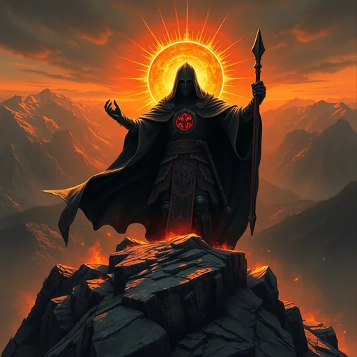 Prompt: a black templar  who radiating power is contanplanting the world from a high mountain