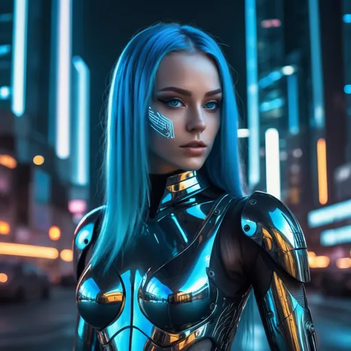 Prompt: Futuristic female android with long blue hair and eyes, chrome armored bodysuit, posing against neon cityscape background, hyper-realistic 4k digital art, cyberpunk, detailed metallic design, glowing neon lights, cityscape reflection, sleek and professional, intense gaze, highres, sci-fi, cybernetic, cool tones, atmospheric lighting