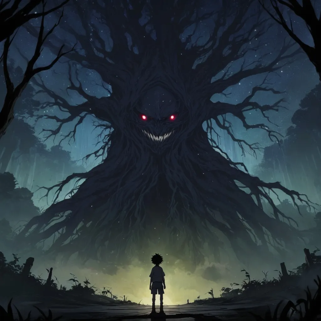 Prompt: 2d dark j horror anime style, boy, anime scene
The story begins in a world called Aranzor, this huge world contains many worlds and each world has its own people and traditions, but they share one thing in common, which is the presence of elements of cosmic power in every world. This power takes the form of a giant tree called Ajodan, and since ancient times, Ajodan has given some special people a fantastic and legendary power that they called the power of the elements. These basic elements take the form of fire, water, air, and earth, and people were born in a distant time called hunters, fighting with them the monsters belonging to the so-called King of Monsters.