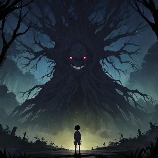 Prompt: 2d dark j horror anime style, boy, anime scene
The story begins in a world called Aranzor, this huge world contains many worlds and each world has its own people and traditions, but they share one thing in common, which is the presence of elements of cosmic power in every world. This power takes the form of a giant tree called Ajodan, and since ancient times, Ajodan has given some special people a fantastic and legendary power that they called the power of the elements. These basic elements take the form of fire, water, air, and earth, and people were born in a distant time called hunters, fighting with them the monsters belonging to the so-called King of Monsters.