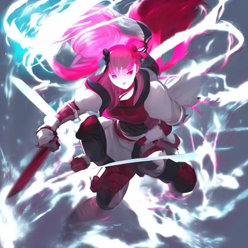 Prompt: A girl have her hair in a bun
while fighting in a battle white her sword that have a red light  shine though it